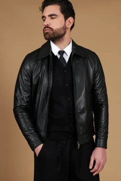 Uomo D'Arienzo Marlon Cam - Giacca in pelle nera nappa effetto liscio collo camicia