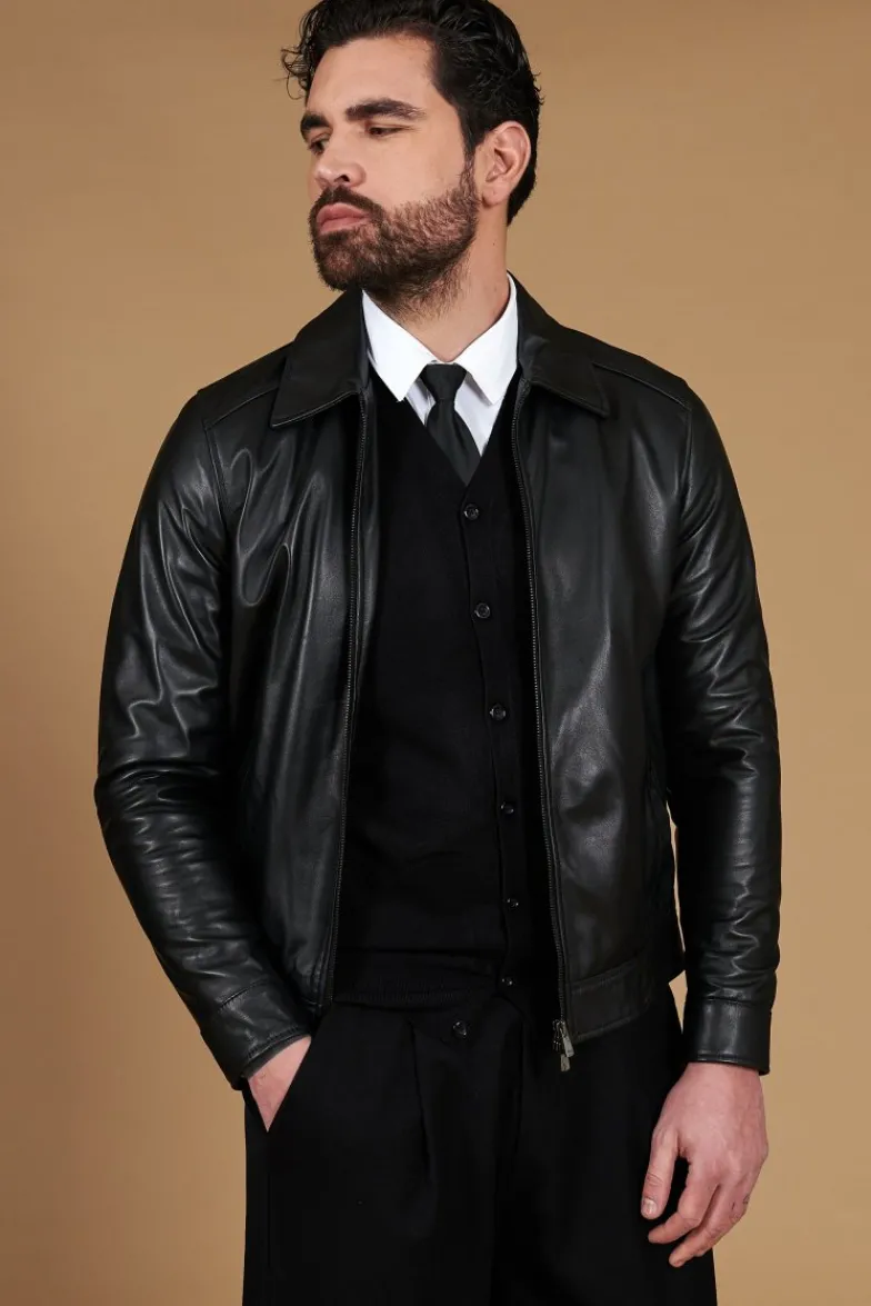 Uomo D'Arienzo Marlon Cam - Giacca in pelle nera nappa effetto liscio collo camicia