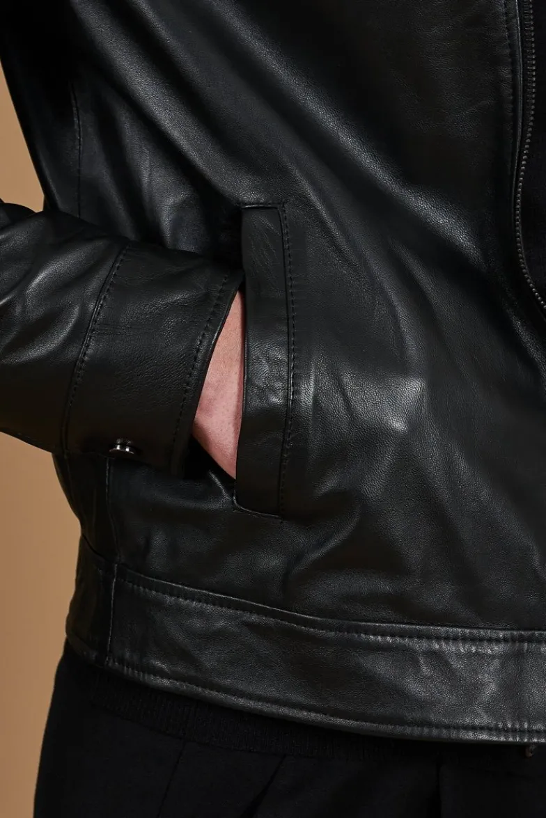 Uomo D'Arienzo Marlon Cam - Giacca in pelle nera nappa effetto liscio collo camicia