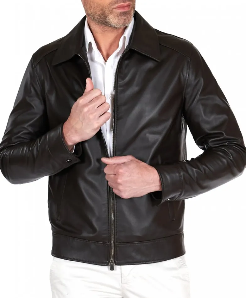 Uomo D'Arienzo Marlon Cam - Giacca in pelle naturale marrone effetto liscio collo camicia