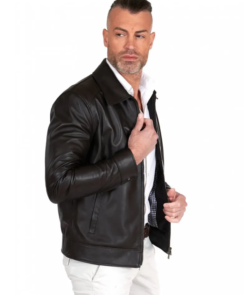 Uomo D'Arienzo Marlon Cam - Giacca in pelle naturale marrone effetto liscio collo camicia