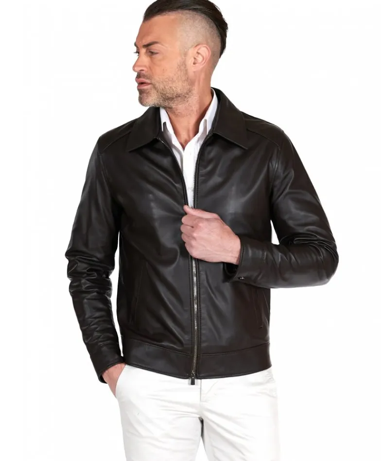 Uomo D'Arienzo Marlon Cam - Giacca in pelle naturale marrone effetto liscio collo camicia