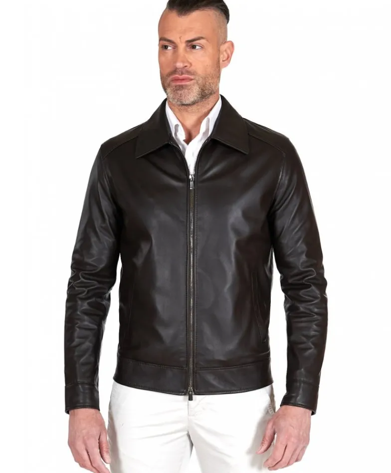 Uomo D'Arienzo Marlon Cam - Giacca in pelle naturale marrone effetto liscio collo camicia