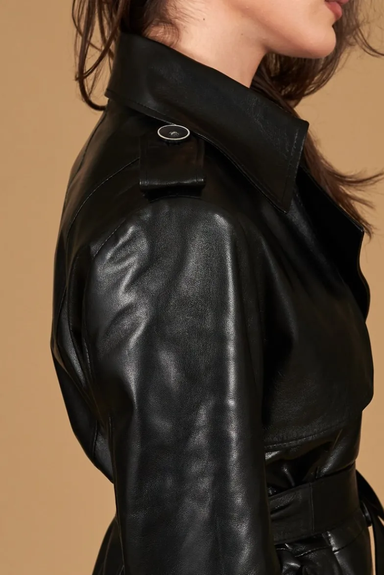 Donna D'Arienzo Martina - Cappotto in pelle nera con cintura effetto liscio