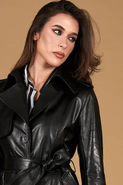 Donna D'Arienzo Martina - Cappotto in pelle nera con cintura effetto liscio