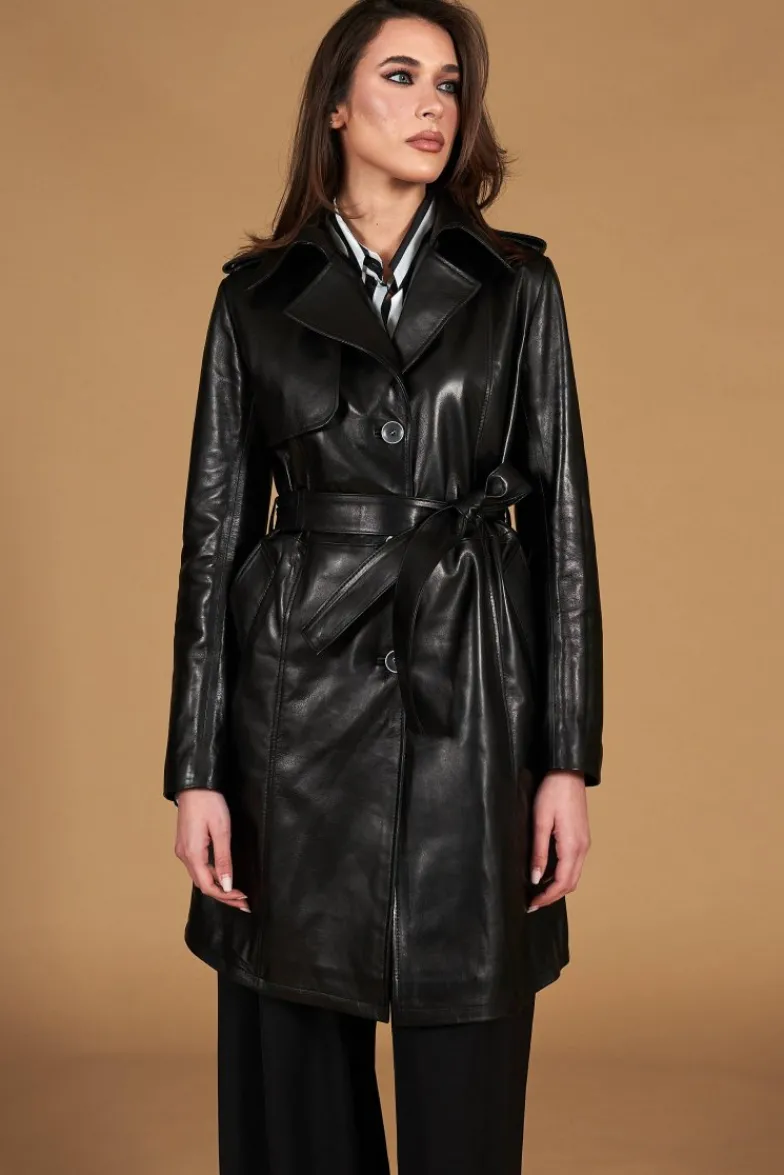 Donna D'Arienzo Martina - Cappotto in pelle nera con cintura effetto liscio
