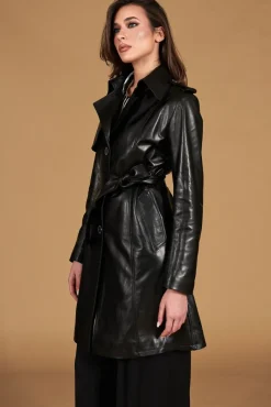Donna D'Arienzo Martina - Cappotto in pelle nera con cintura effetto liscio