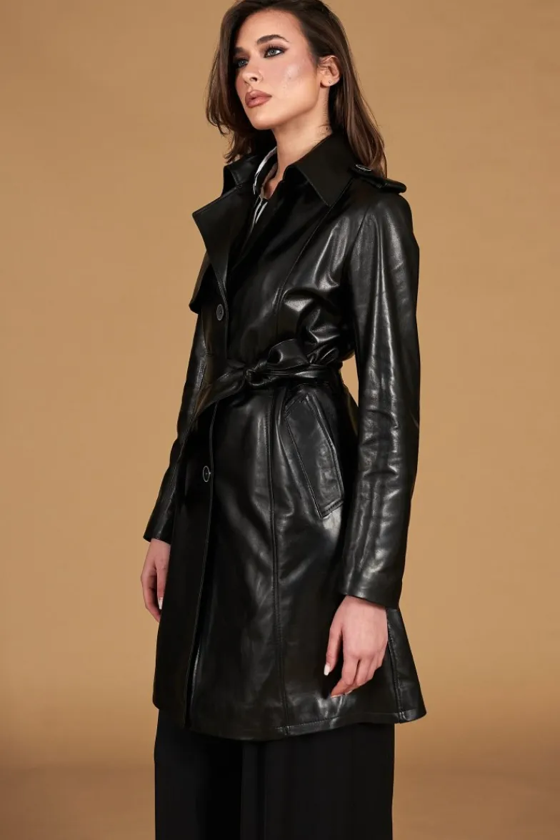 Donna D'Arienzo Martina - Cappotto in pelle nera con cintura effetto liscio