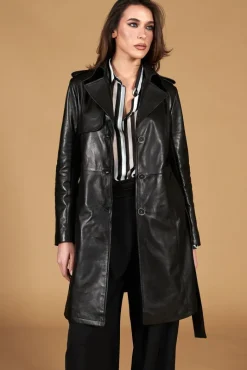 Donna D'Arienzo Martina - Cappotto in pelle nera con cintura effetto liscio