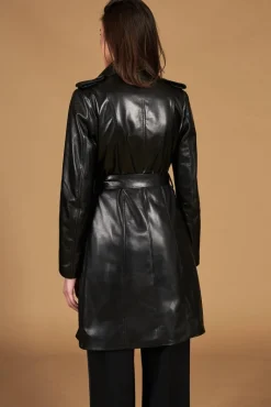 Donna D'Arienzo Martina - Cappotto in pelle nera con cintura effetto liscio