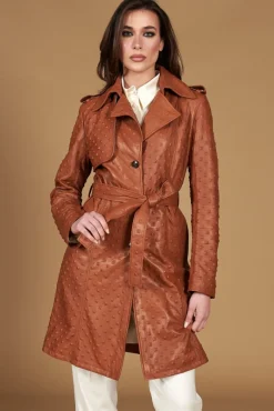 Donna D'Arienzo Martina - Cappotto monopetto in pelle color cuoio con cintura stampa borchia