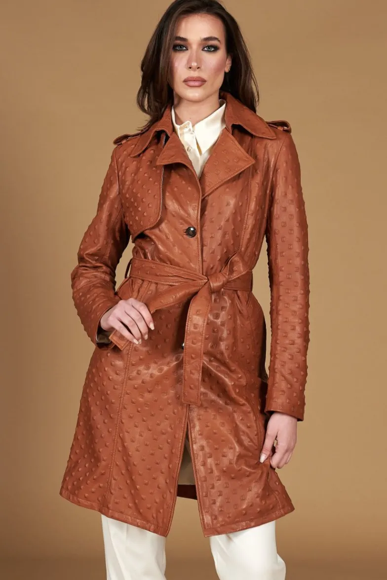 Donna D'Arienzo Martina - Cappotto monopetto in pelle color cuoio con cintura stampa borchia