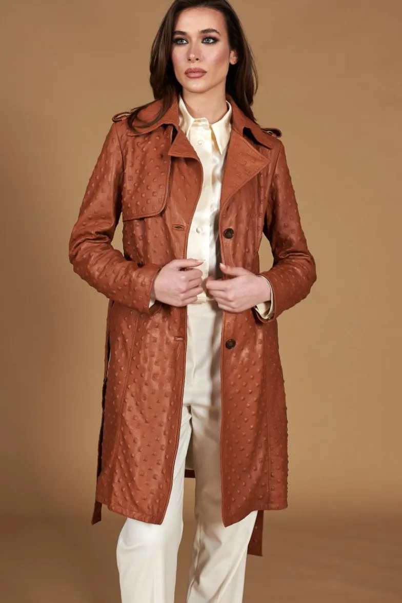 Donna D'Arienzo Martina - Cappotto monopetto in pelle color cuoio con cintura stampa borchia