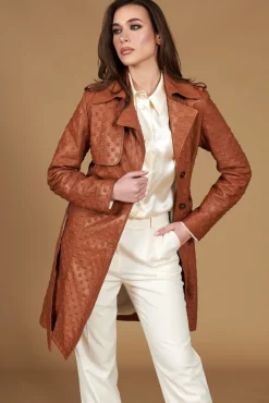 Donna D'Arienzo Martina - Cappotto monopetto in pelle color cuoio con cintura stampa borchia