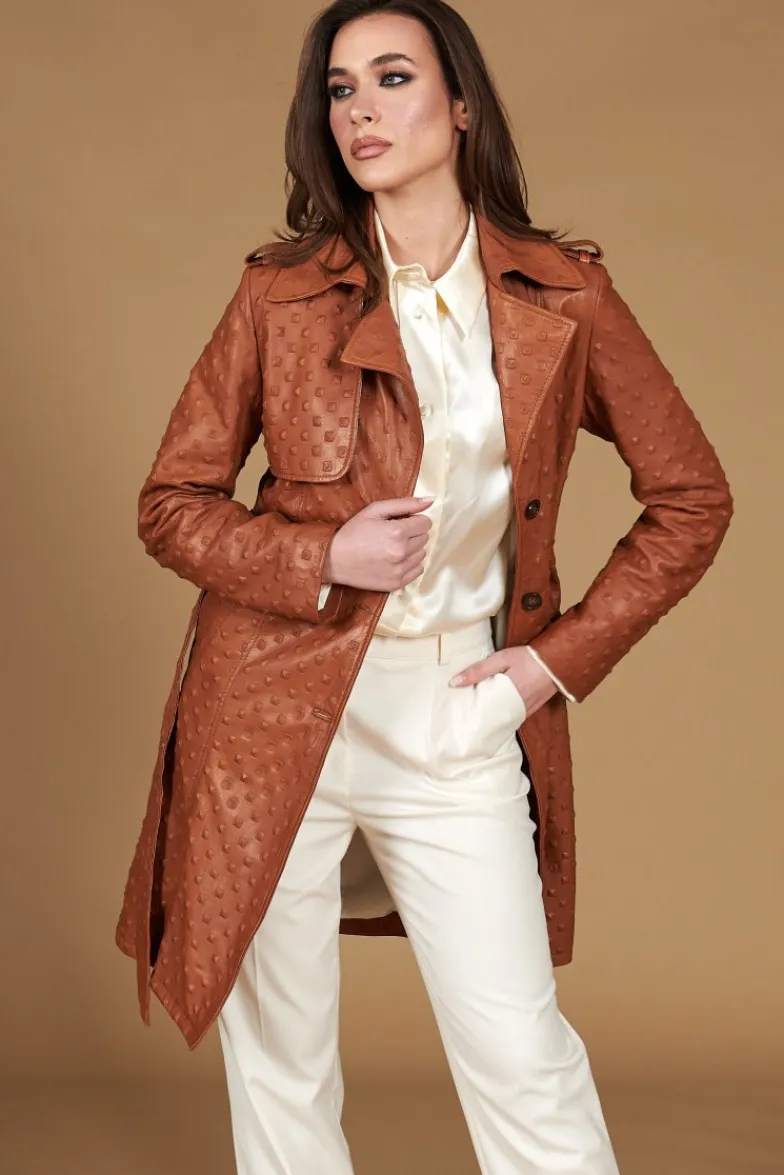 Donna D'Arienzo Martina - Cappotto monopetto in pelle color cuoio con cintura stampa borchia