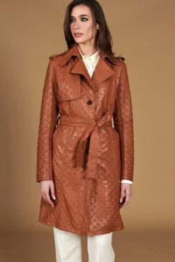 Donna D'Arienzo Martina - Cappotto monopetto in pelle color cuoio con cintura stampa borchia