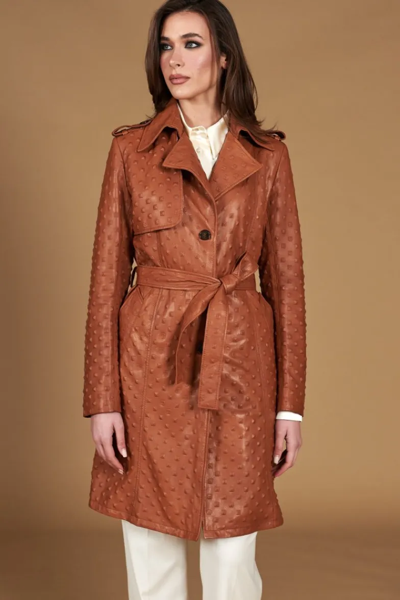 Donna D'Arienzo Martina - Cappotto monopetto in pelle color cuoio con cintura stampa borchia