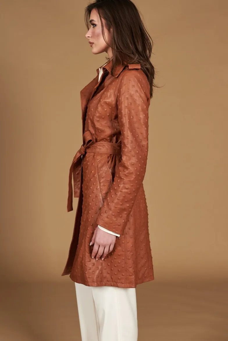 Donna D'Arienzo Martina - Cappotto monopetto in pelle color cuoio con cintura stampa borchia
