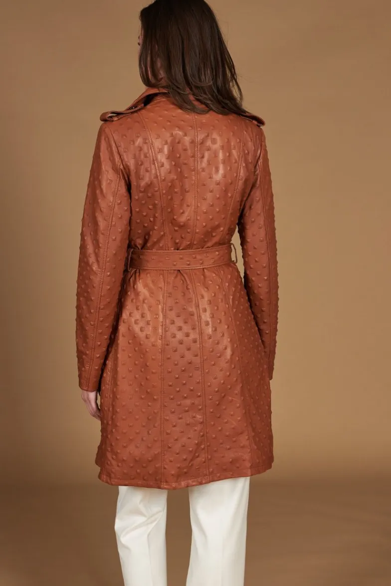 Donna D'Arienzo Martina - Cappotto monopetto in pelle color cuoio con cintura stampa borchia