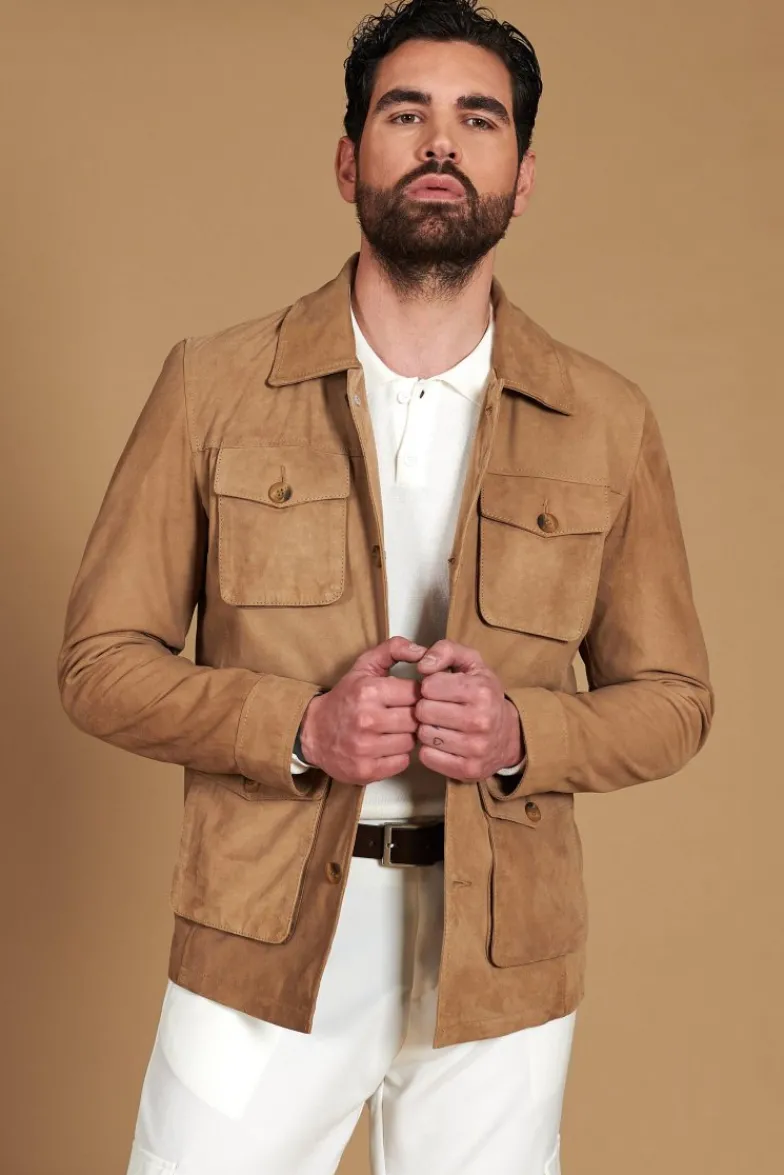 Uomo D'Arienzo Mason - Sahariana camoscio beige uomo con tasche applicate
