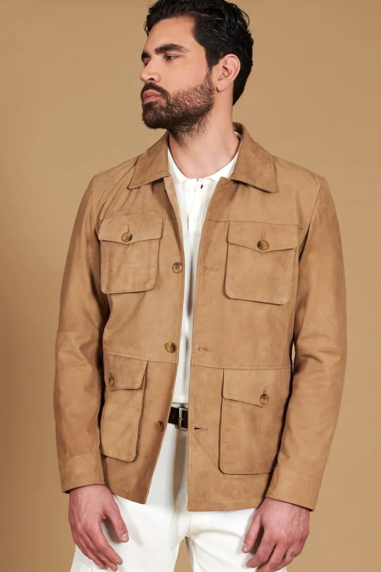 Uomo D'Arienzo Mason - Sahariana camoscio beige uomo con tasche applicate