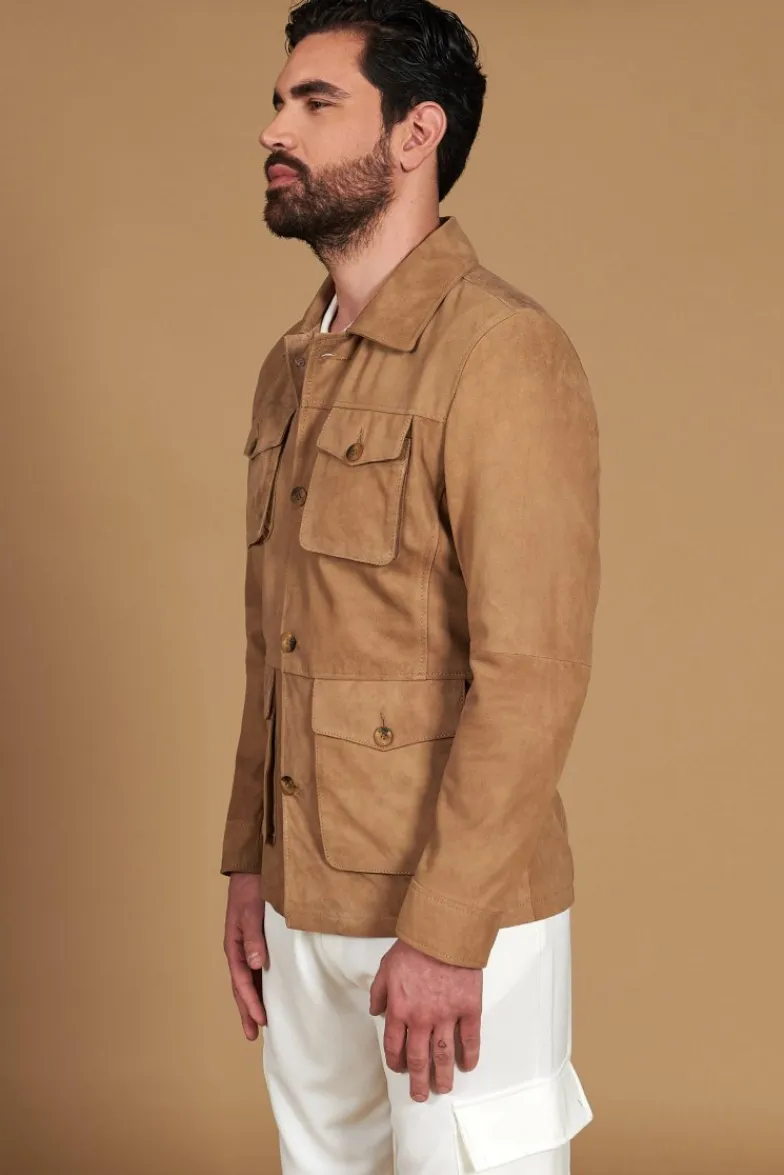 Uomo D'Arienzo Mason - Sahariana camoscio beige uomo con tasche applicate