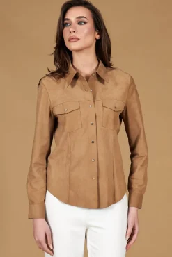 Donna D'Arienzo Megan - Camicia in pelle scamosciata beige con bottoni a pressione