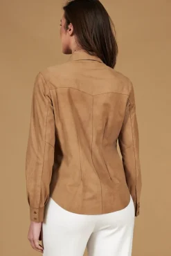 Donna D'Arienzo Megan - Camicia in pelle scamosciata beige con bottoni a pressione