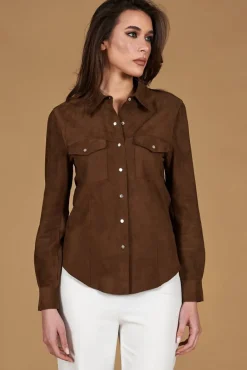 Donna D'Arienzo Megan - Camicia in pelle scamosciata colore fango con bottoni a pressione