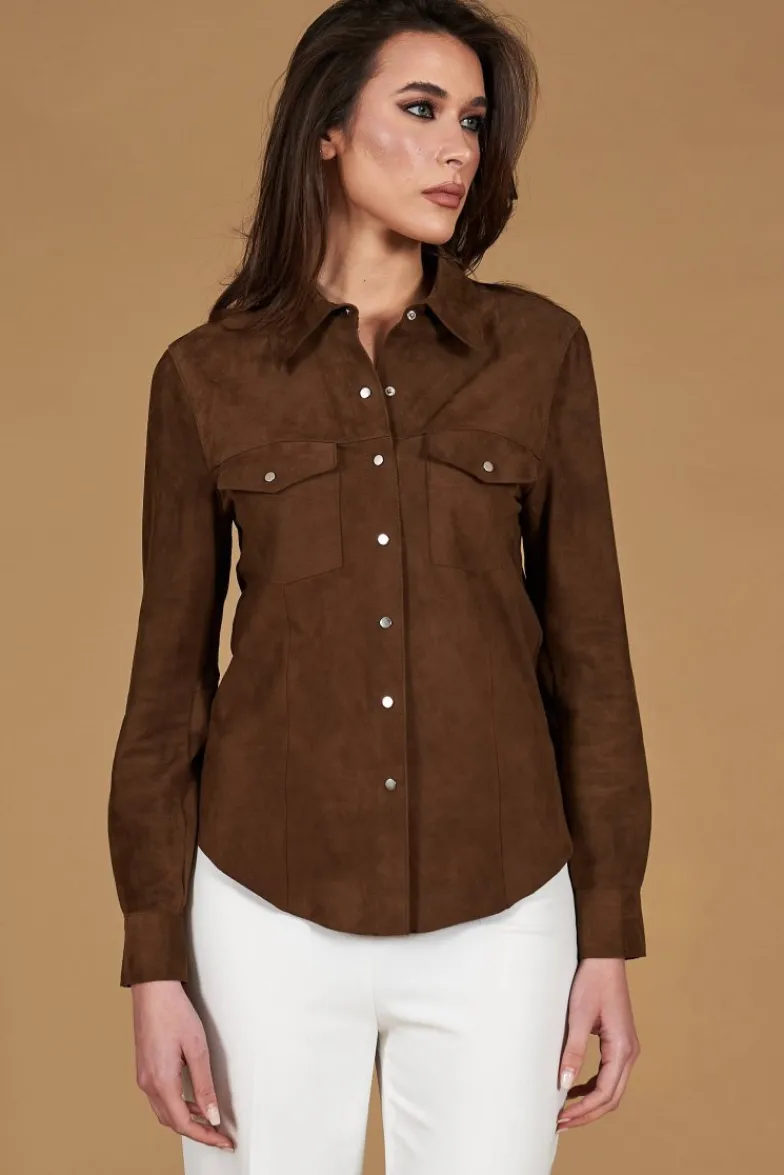 Donna D'Arienzo Megan - Camicia in pelle scamosciata colore fango con bottoni a pressione