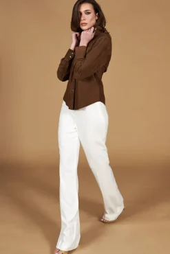 Donna D'Arienzo Megan - Camicia in pelle scamosciata colore fango con bottoni a pressione
