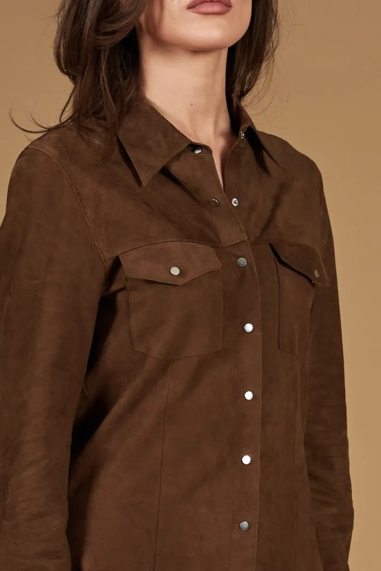 Donna D'Arienzo Megan - Camicia in pelle scamosciata colore fango con bottoni a pressione