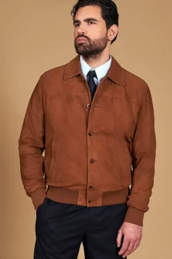 Uomo D'Arienzo Mike - Giacca bomber in pelle camoscio color cuoio collo camicia