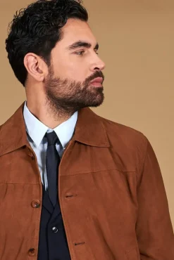 Uomo D'Arienzo Mike - Giacca bomber in pelle camoscio color cuoio collo camicia