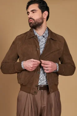 Uomo D'Arienzo Mike - Giacca bomber in pelle camoscio color fango collo camicia