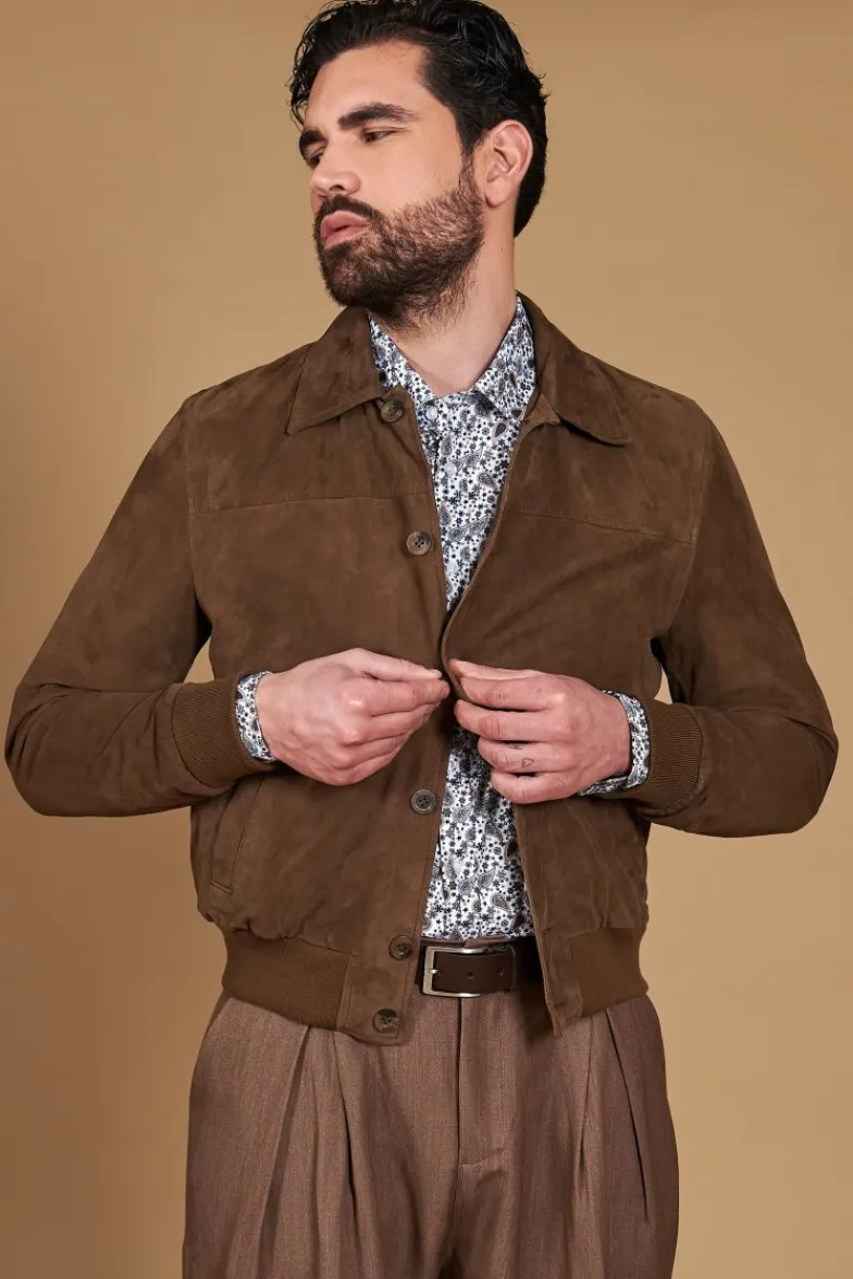 Uomo D'Arienzo Mike - Giacca bomber in pelle camoscio color fango collo camicia