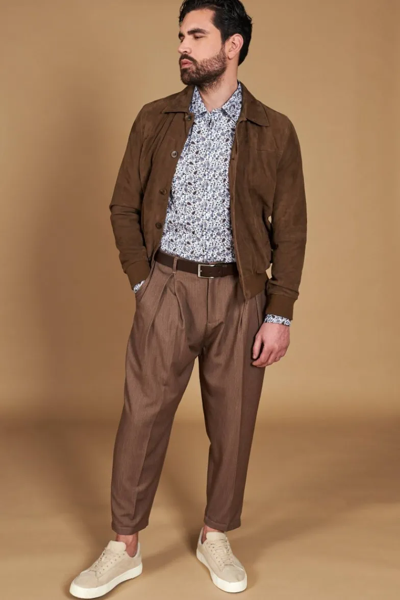 Uomo D'Arienzo Mike - Giacca bomber in pelle camoscio color fango collo camicia