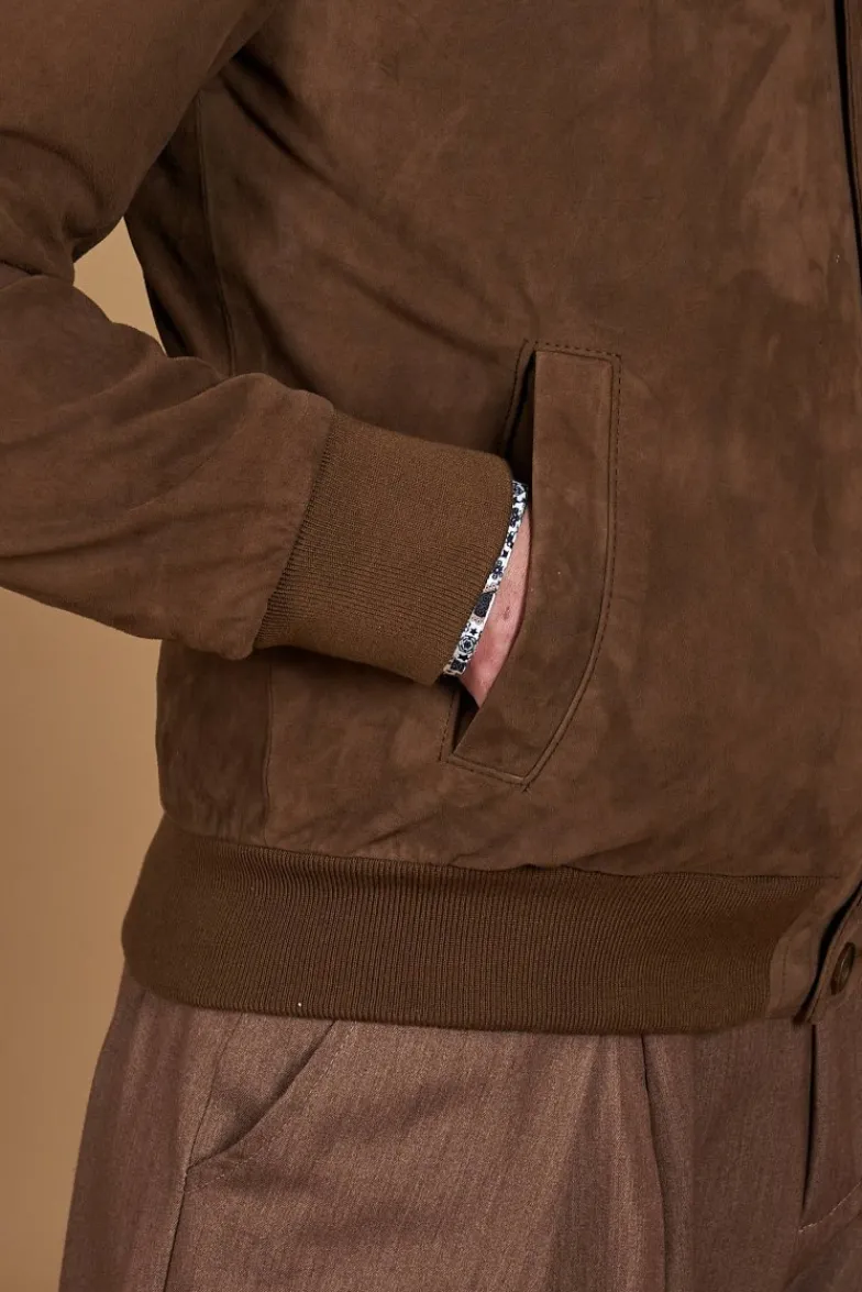 Uomo D'Arienzo Mike - Giacca bomber in pelle camoscio color fango collo camicia