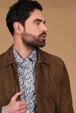 Uomo D'Arienzo Mike - Giacca bomber in pelle camoscio color fango collo camicia