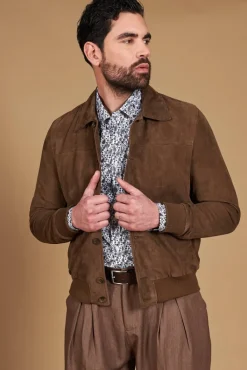 Uomo D'Arienzo Mike - Giacca bomber in pelle camoscio color fango collo camicia