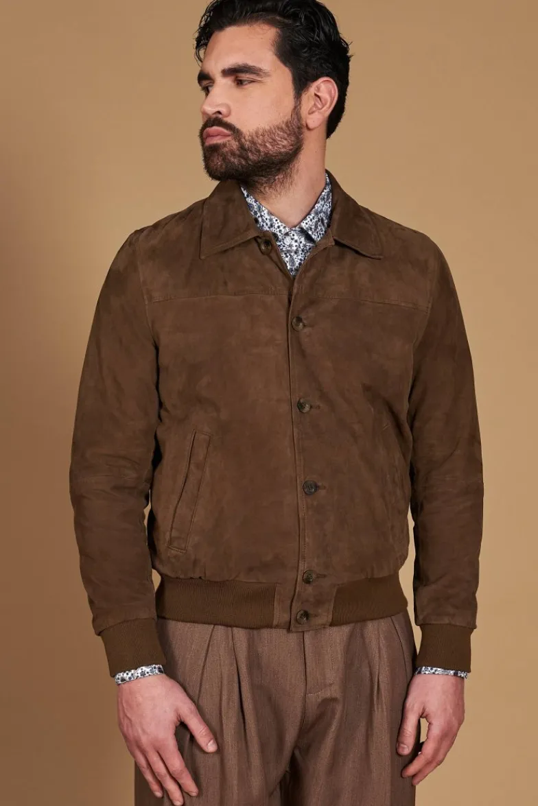 Uomo D'Arienzo Mike - Giacca bomber in pelle camoscio color fango collo camicia