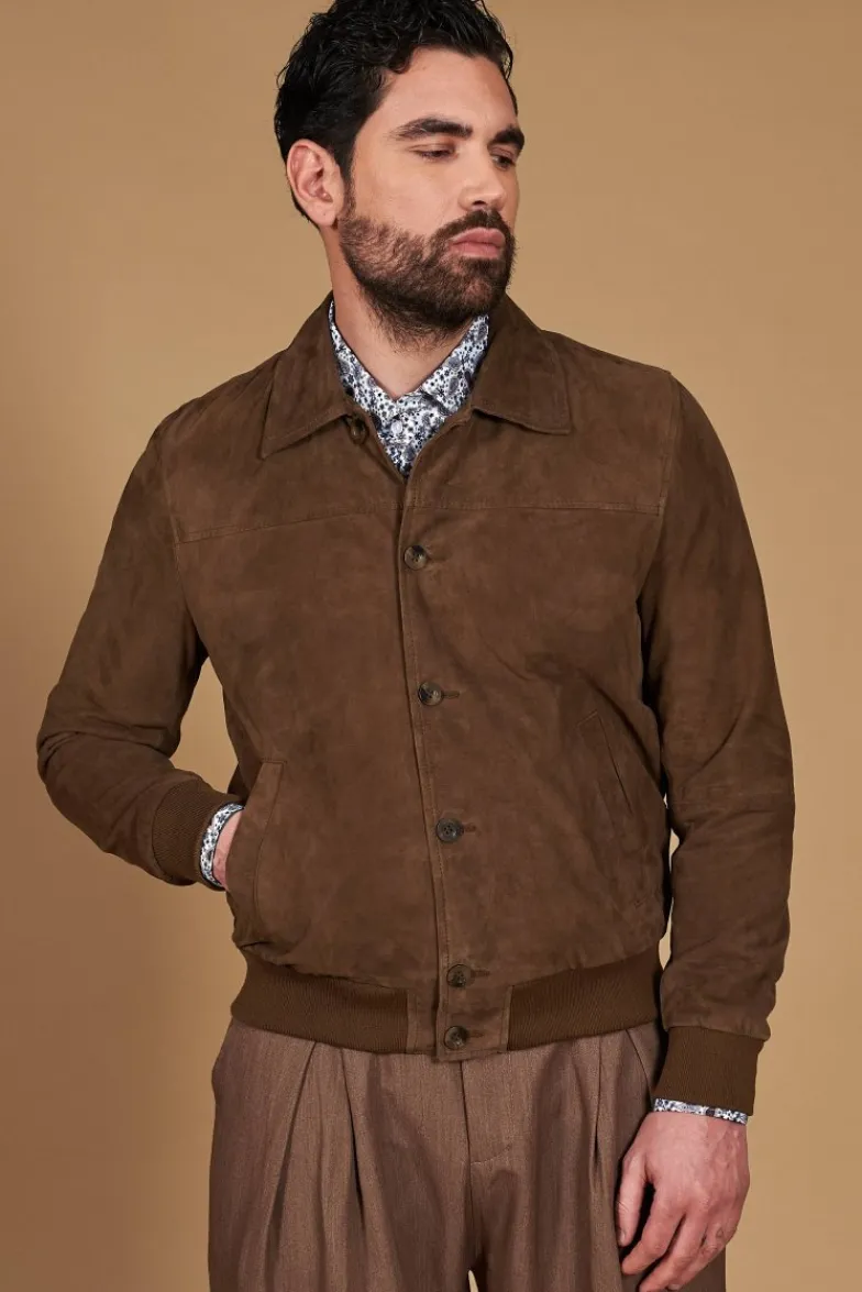 Uomo D'Arienzo Mike - Giacca bomber in pelle camoscio color fango collo camicia