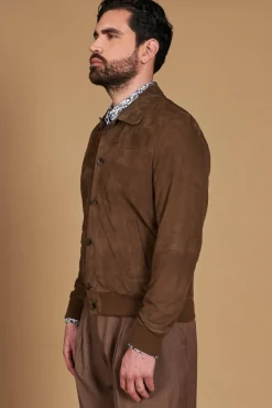 Uomo D'Arienzo Mike - Giacca bomber in pelle camoscio color fango collo camicia