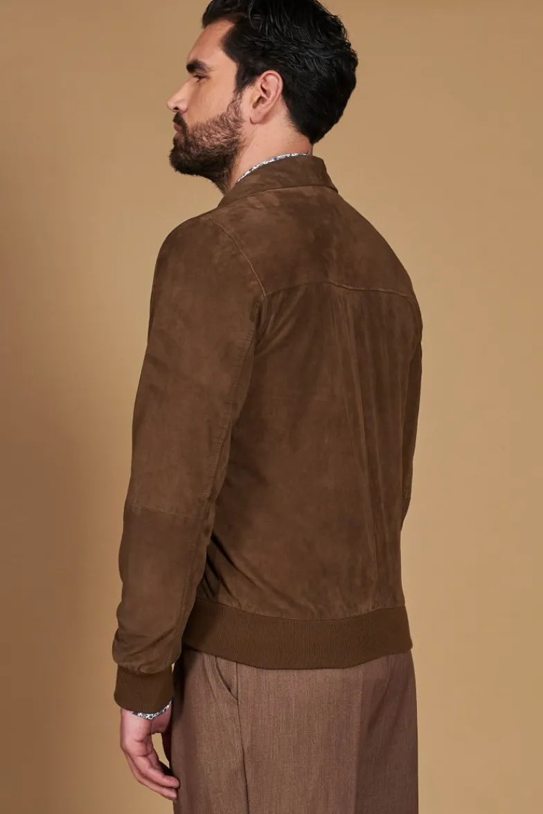 Uomo D'Arienzo Mike - Giacca bomber in pelle camoscio color fango collo camicia