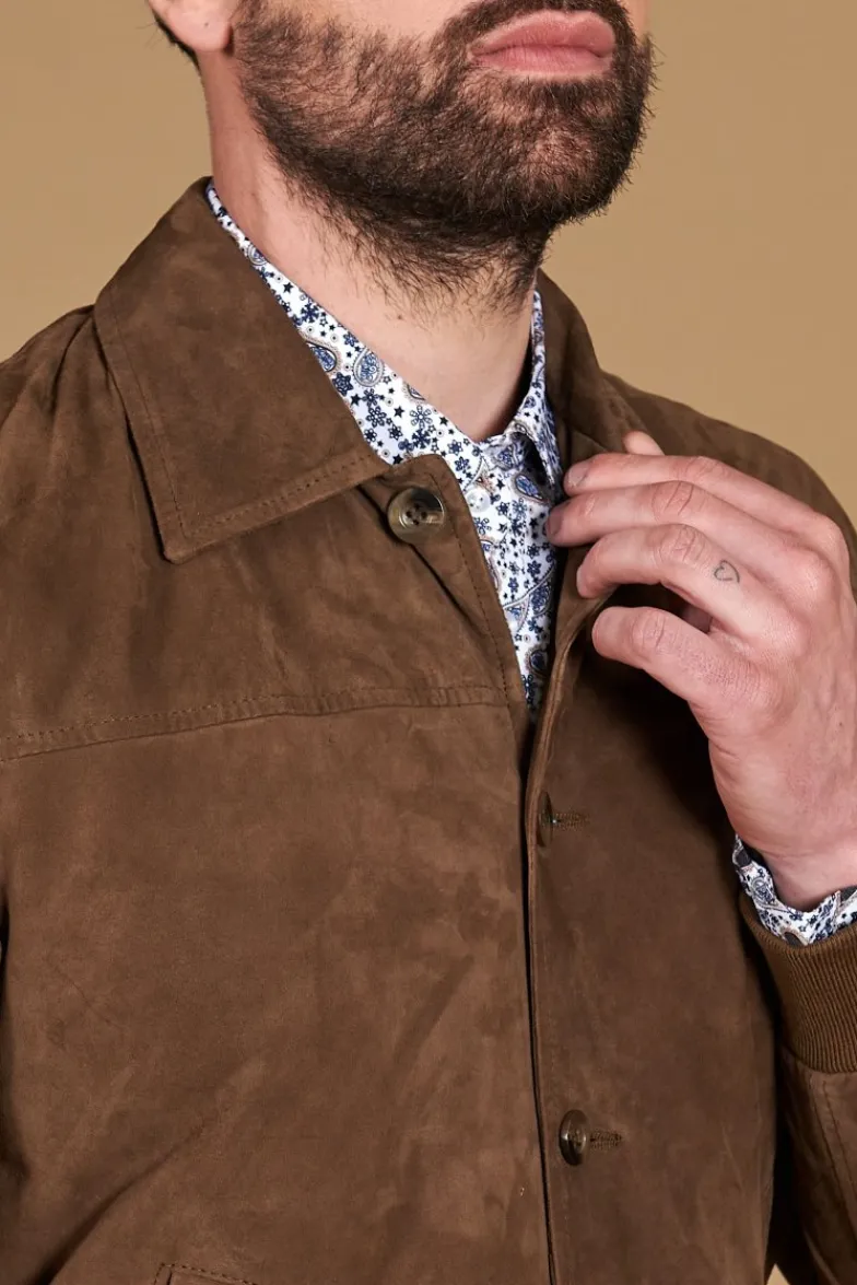 Uomo D'Arienzo Mike - Giacca bomber in pelle camoscio color fango collo camicia