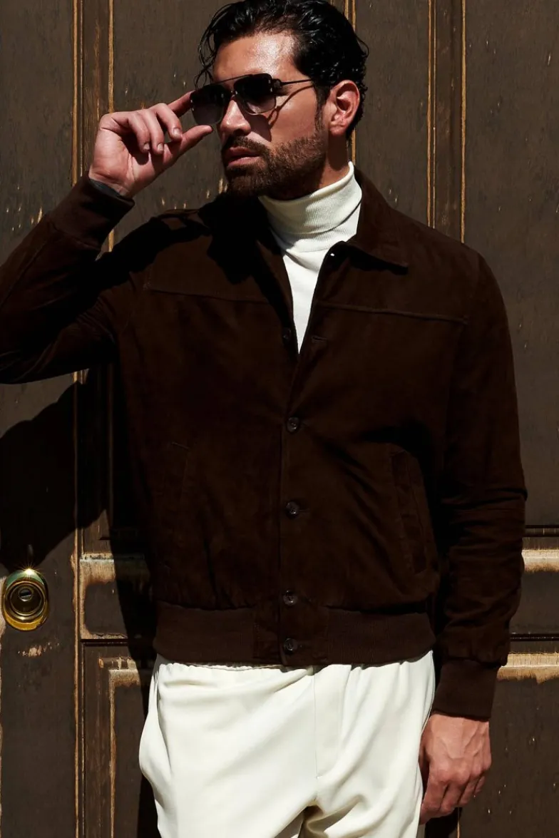 Uomo D'Arienzo Mike - Giacca bomber in pelle camoscio testa di moro collo camicia
