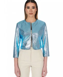 Donna D'Arienzo Miss - Giacca corta bolero in pelle laminata azzurra girocollo