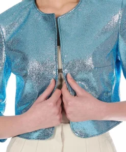 Donna D'Arienzo Miss - Giacca corta bolero in pelle laminata azzurra girocollo
