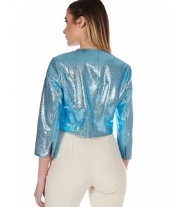 Donna D'Arienzo Miss - Giacca corta bolero in pelle laminata azzurra girocollo