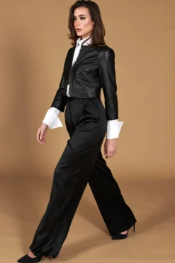 Donna D'Arienzo Miss - Giacca corta bolero in pelle nera girocollo nappa effetto liscio